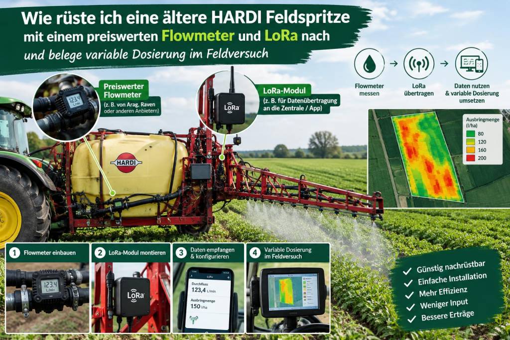 Wie rüste ich eine ältere hardi feldspritze mit einem preiswerten flowmeter und lora nach und belege variable dosierung im feldversuch